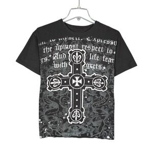 Vintage‎ Carbon Black T-Shirt Mens Medium Black Cross Respect AOP Mall Goth Y2K